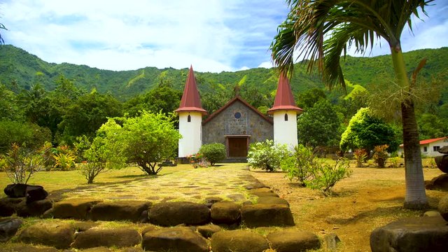 French Polynesian church and cemetery Hatiheu Nuku Hiva 
