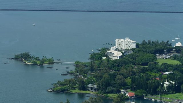 Aerial view plane landing Hilo State Capitol Hawaii