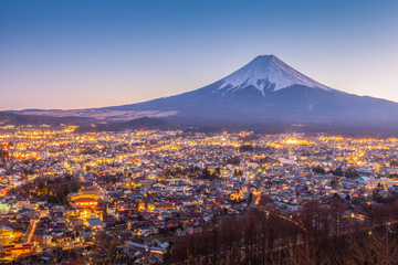 Mt.Fuji and Fujiyoshida town in sunset - obrazy, fototapety, plakaty