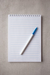 ballpoint pen and clean lined notepad lying on a gray background
