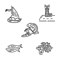 Sea vacation symbols vector set with surfing, lighthouse, lobster, sailboat and fishes. Travel concept. Vector illustration.