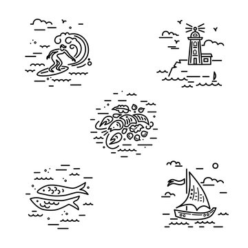 Sea vacation symbols vector set with surfing, lighthouse, lobster, sailboat and fishes. Travel concept. Vector illustration.
