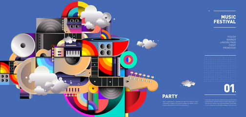 Music Festival Illustration Design for Party and Event. Vector Illustration Collage of Music for Background and Wallpaper in eps 10
