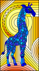 Illustration in stained glass style,  blue giraffe on  abstract orange  geometric background with sun