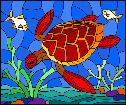Illustration in stained glass style with red  sea turtle on the seabed background with algae, fish and stones