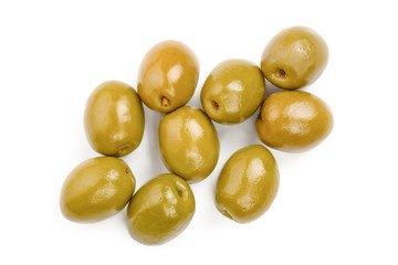 Green olives isolated on a white background. Top view. Flat lay