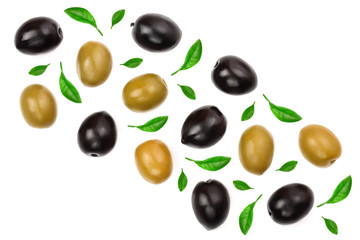 Green and black olives isolated on a white background with copy space for your text. Top view. Flat lay