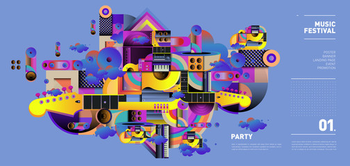 Music Festival Illustration Design for Party and Event. Vector Illustration Collage of Music for Background and Wallpaper in eps 10
