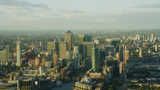 Aerial sunset view Millwall Docks Canary Wharf London