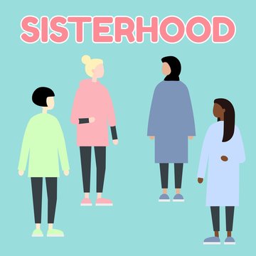 Sisterhood. Multiethnic diverce race women. Gender equality. Feminism. Set of female portraits. Flat editable vector illustration, clip art.