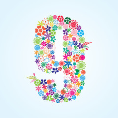 Vector Colorful Floral 9 Number Design isolated on white background. Floral Number Nine Vector Typeface.