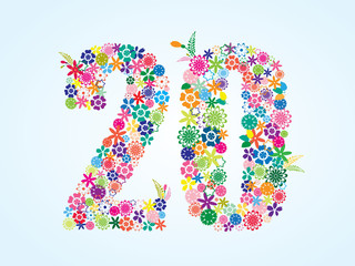 Vector Colorful Floral 20 Number Design isolated on white background. Floral Number Twenty Vector Typeface