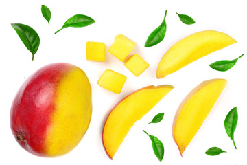 Mango fruit decorated with leaves isolated on white background close-up. Top view. Flat lay