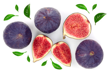 fig fruits with leaves isolated on white background. Top view. Flat lay pattern