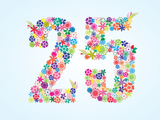 Vector Colorful Floral 25 Number Design isolated on white background. Floral Number Twenty Five Vector Typeface.