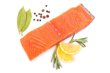 fillet of red fish salmon with lemon and rosemary isolated on white background. Top view. Flat lay