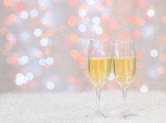 Pair glass of champagne on festive background with copy space for your text. Valentine day concept