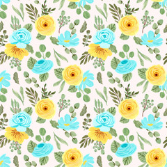 Fototapeta premium yellow blue flower seamless pattern