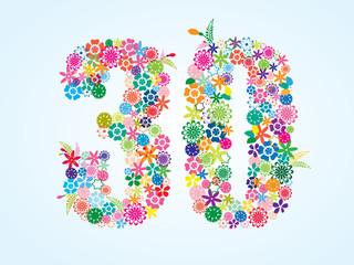 Vector Colorful Floral 30 Number Design isolated on white background. Floral Number Thirty Vector Typeface.
