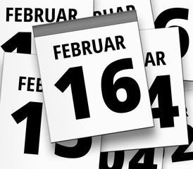 Abreißkalender blatt vom 16. FEBRUAR und abgerissene Kalenderblätter im Hintergrund