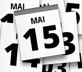 Abreißkalender blatt vom 15. MAI und abgerissene Kalenderblätter im Hintergrund