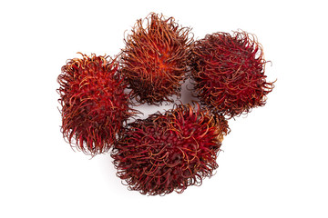 rambutan isolated on white background. Tropical fruit. Nephelium lappaceum. Top view. Flat lay