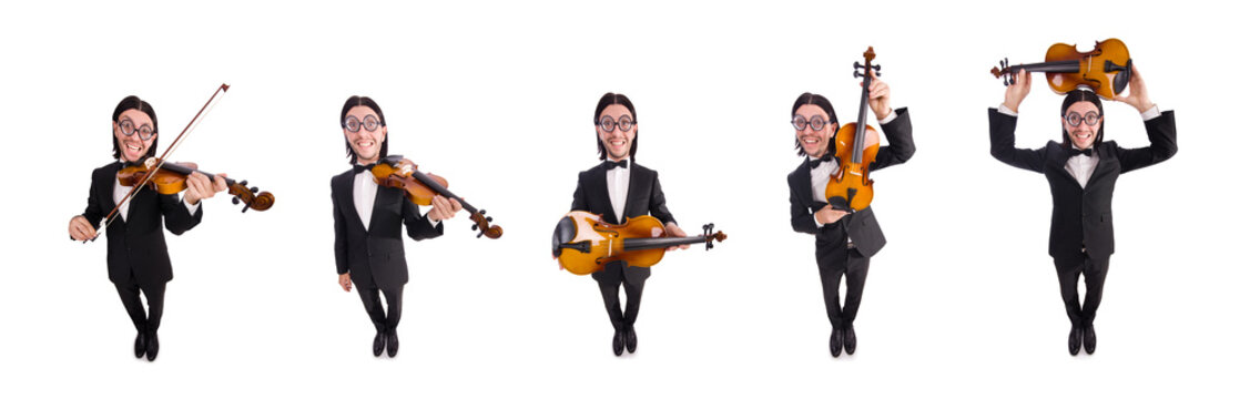 Funny man with music instrument on white