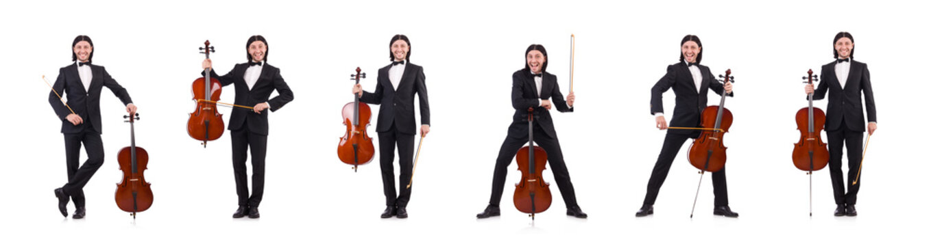 Funny man with music instrument on white