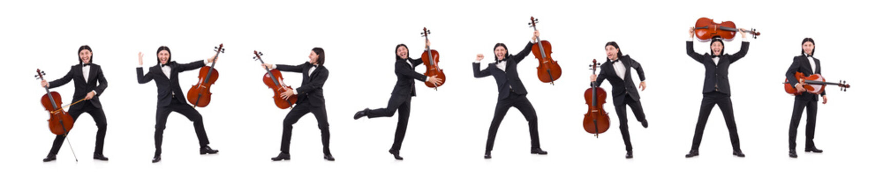 Funny man with music instrument on white