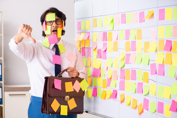 Young employee in conflicting priorities concept 