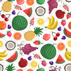 Vector seamless pattern with fruits and berries on white color. Colored pattern on the theme of organic, vegetarian food