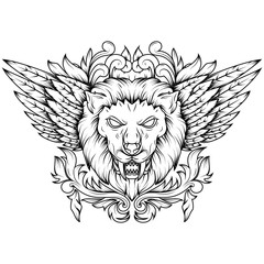 Line art Illustration of a golden winged mythical lion head. With floral and sacred geometry that makes it more artistic