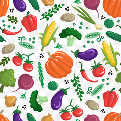 Vector seamless pattern with vegetables on white color. Colored pattern on the theme of organic, vegetarian food. Background for use in design