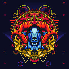 Mythology Goat sacred geometry with a beautiful blend of colours. Red horned and surrounded by ornaments with the impression of the colour of fire