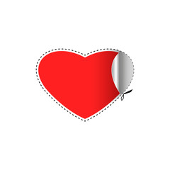 Happy Valentine is Day greeting card is a blank template, love sticker in the shape of a red heart with a cut line with scissors and a curved corner with shadows