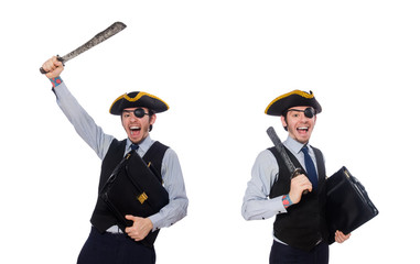 One-eyed man with weapon isolated on white