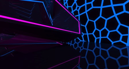 Abstract  Concrete Futuristic Sci-Fi interior With Pink And Blue Glowing Neon Tubes . 3D illustration and rendering.