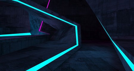 Abstract  Concrete Futuristic Sci-Fi interior With Pink And Blue Glowing Neon Tubes . 3D illustration and rendering.