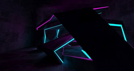 Abstract  Concrete Futuristic Sci-Fi interior With Pink And Blue Glowing Neon Tubes . 3D illustration and rendering.