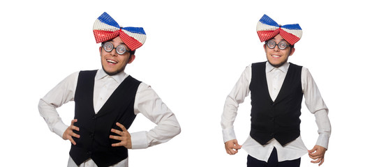 Funny man wearing giant bow tie