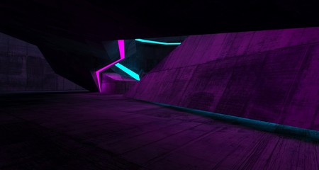 Abstract  Concrete Futuristic Sci-Fi interior With Pink And Blue Glowing Neon Tubes . 3D illustration and rendering.