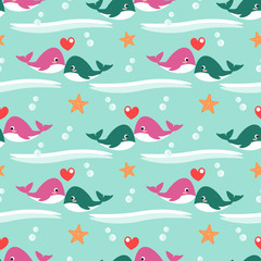 Cute whale is kissing seamless pattern.