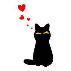 Valentine's Day Poster of Holiday Card with Cat and Hearts. Vector Illustration.