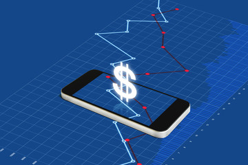 Digital currency and electronic online banking. Mobile smart phone with currency sign and raising graph