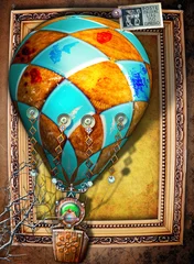 Schilderijen op glas Bizarre en steampunk hete luchtballon op vintage achtergrond met luchtpost stamp © Rosario Rizzo