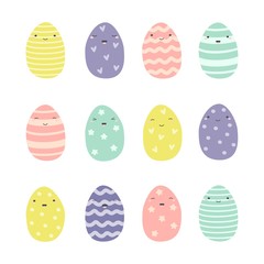 Set of Easter eggs in Pink, Green, Blue, and Yellow. Stripes, waves, dots, hearts, stars. Perfect for holiday greetings. Vector illustration.