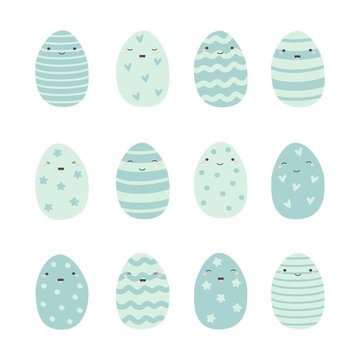 Set of Easter eggs in kawaii style . Stripes, waves, dots, hearts, stars. Perfect for holiday greetings. Vector illustration.