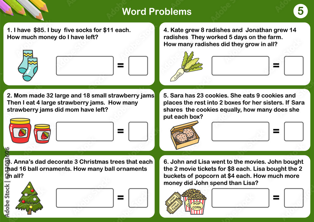 Wall mural math word problem worksheets - sheet for exam and testing.