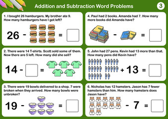 Addition and Subtraction word problems - Worksheet for education.