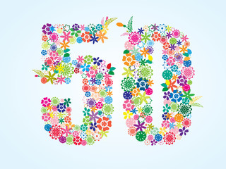 Vector Colorful Floral 50 Number Design isolated on white background. Floral Number Fifty Vector Typeface.